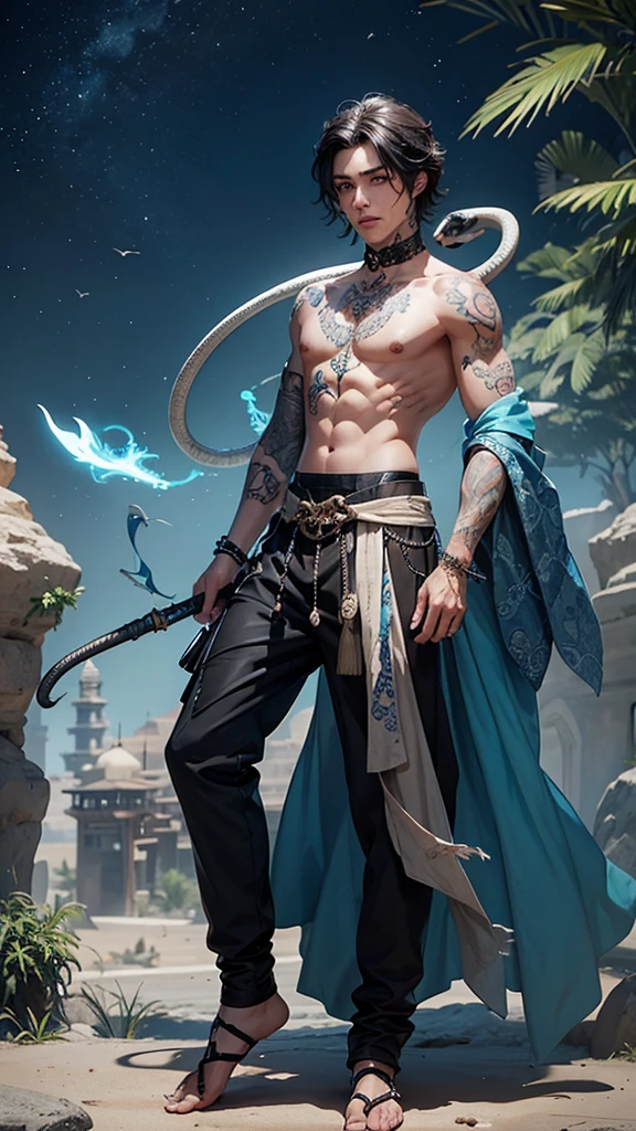 Young man, effeminate face, wizard, very short black hair, freckles, blue eyes, lots of tattoos, snake tattoo, rat tattoo, oriental pants, Japanese , oriental, desert, marble castle, blue wind magic, detailed face, detailed eyes, detailed hair, full body, desert greenery, desert plant, wind, magic wand, Arab city.