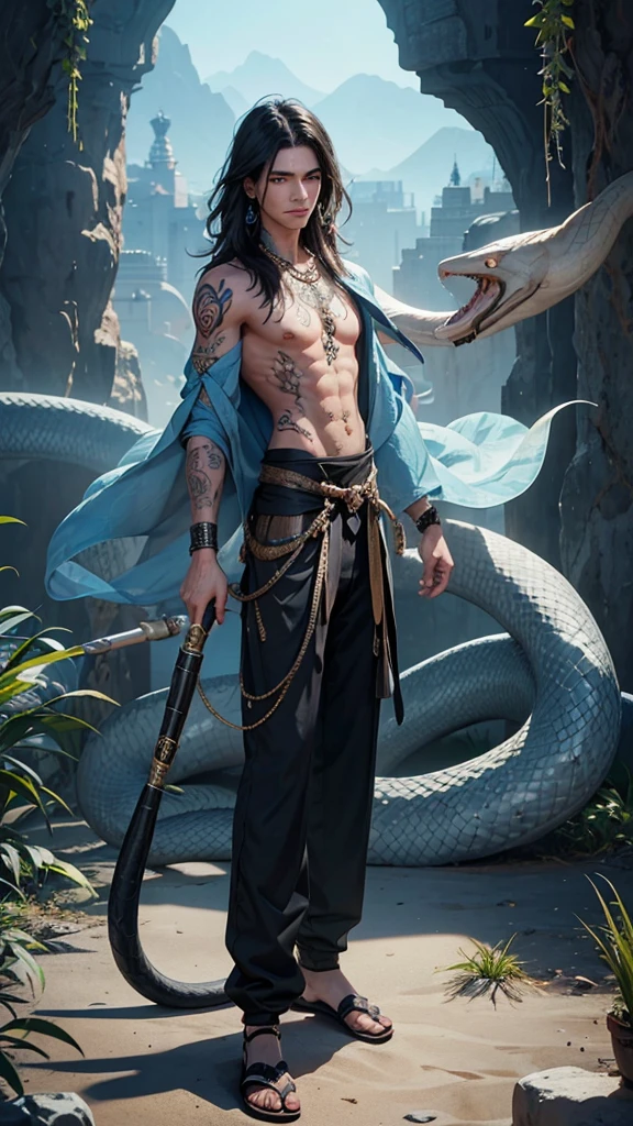 Young man, effeminate face, wizard, very short black hair, freckles, blue eyes, lots of tattoos, snake tattoo, rat tattoo, oriental pants, Japanese , oriental, desert, marble castle, blue wind magic, detailed face, detailed eyes, detailed hair, full body, desert greenery, desert plant, wind, magic wand, Arab city.