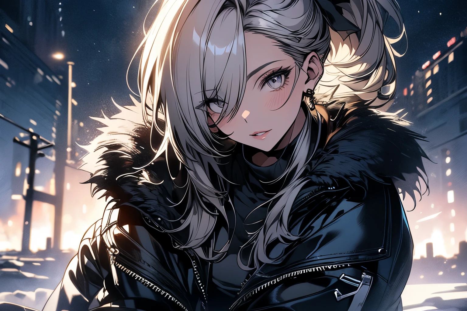 Original photo, best quality, full body photo), (Realistic, photo fidelity: 1.3), (Extremely delicate and beautiful: 1.1) 1 woman chiseled physique and wide hips, leggings, pleated skirt, sports top, high ponytail, high boots, long fur jacket, on a hazy moonlit night in a ghost town, monochrome style, line art, detailed face, detailed eye's, detailed lips, wide hips