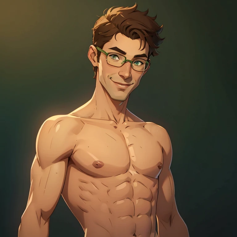 jon, a young guy in his 30s with asymmetric very short brown hair, green eyes with brown specs, a flat nose, smooth skin, slim athletic body, ((upper body portrait, nude upper body)), smiling 