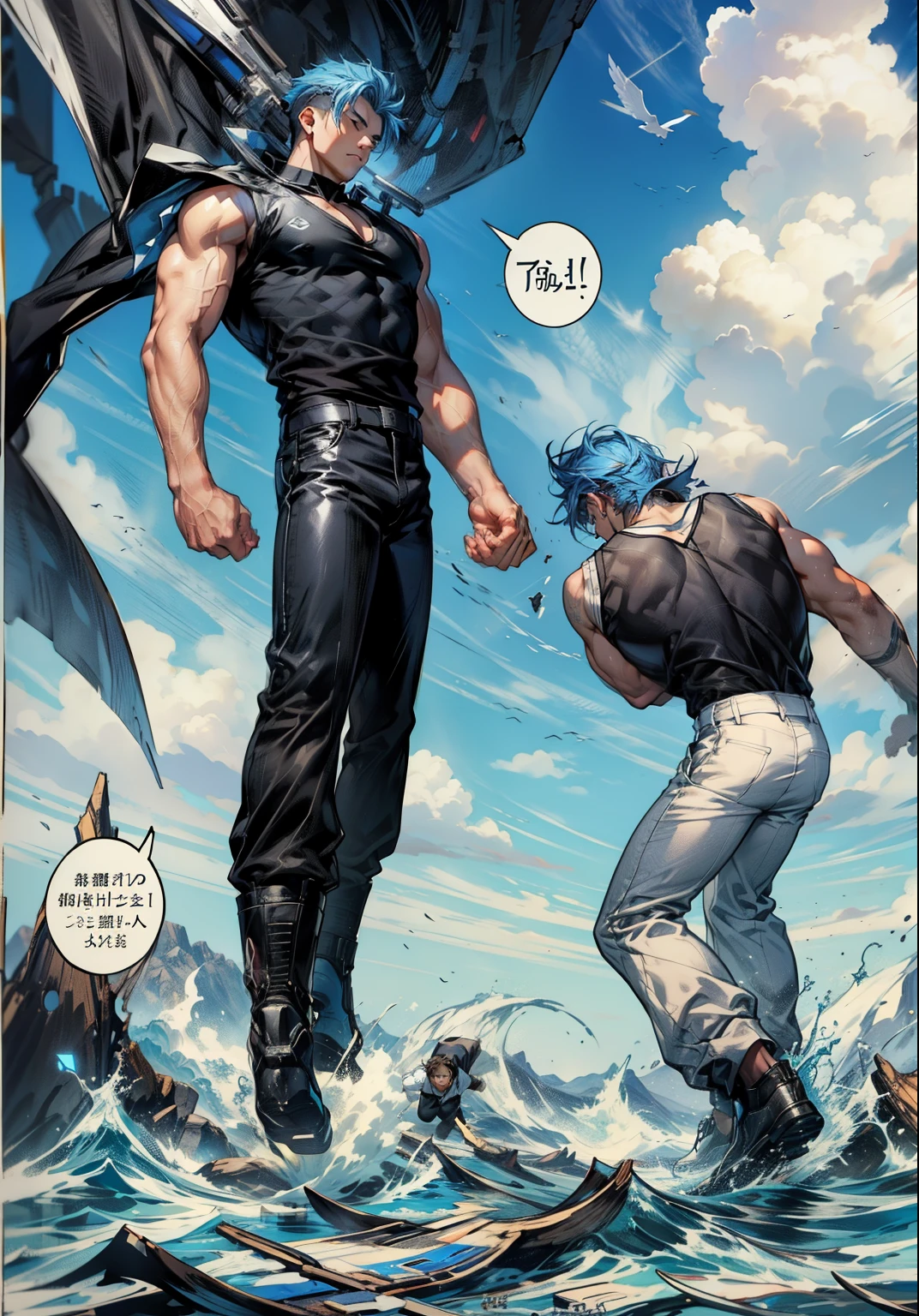 boys 26 Years old, Serious face, wearing white singlet shirt, black pants, levitate on sky, blue sky, cloud