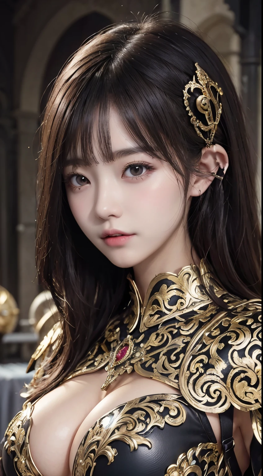 (masterpiece, highest quality, highest quality, Official Art, beautifully、beautiful:1.2), (One Girl:1.3), Light freckles, Fair skin, Very detailed, Portraiture, View your viewers, alone, (whole body:0.6), detailed background, close, (Warm Meadow theme:1.1), Paladin, Charlatan, Grin, Mysterious, Swaying in the mountains, Modest clothing, ((((Ornate white and gold metal plate armor)))), Cowl, nun food, Wimple, armor, Cowl, Robe, Chain mail, Chain mail, leggings, Chain mail leggings, Chain mail leggings, (armor breastplate), Tabard, throat, food, Scapula, Shingard, armor, Knee-high boots, Long sword, shield, Cape, Cape, pearlescent metal, White cloth, Light Leather, ((((Huge breasts)))), Tight waist, Slim Hips, Long legs, Medieval (The appearance of the mountain:1.1) background, dark Mysterious lighting, Shadow, Magical atmosphere, Dutch Angle,
