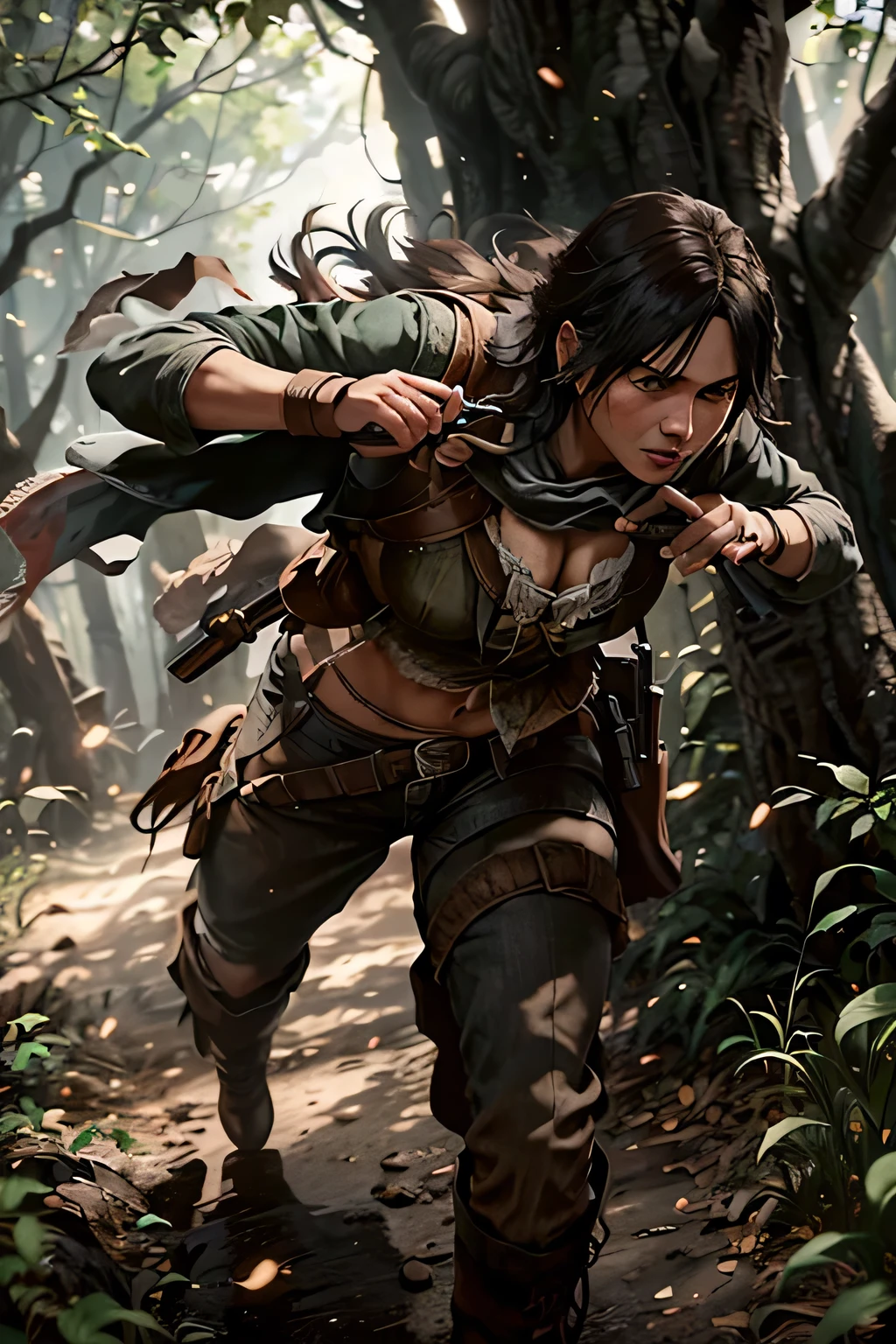 Red Dead Redemption 2 character was holding a rifle in a combat pose, running from bullets, bullets flying around the trees. This is an action scene