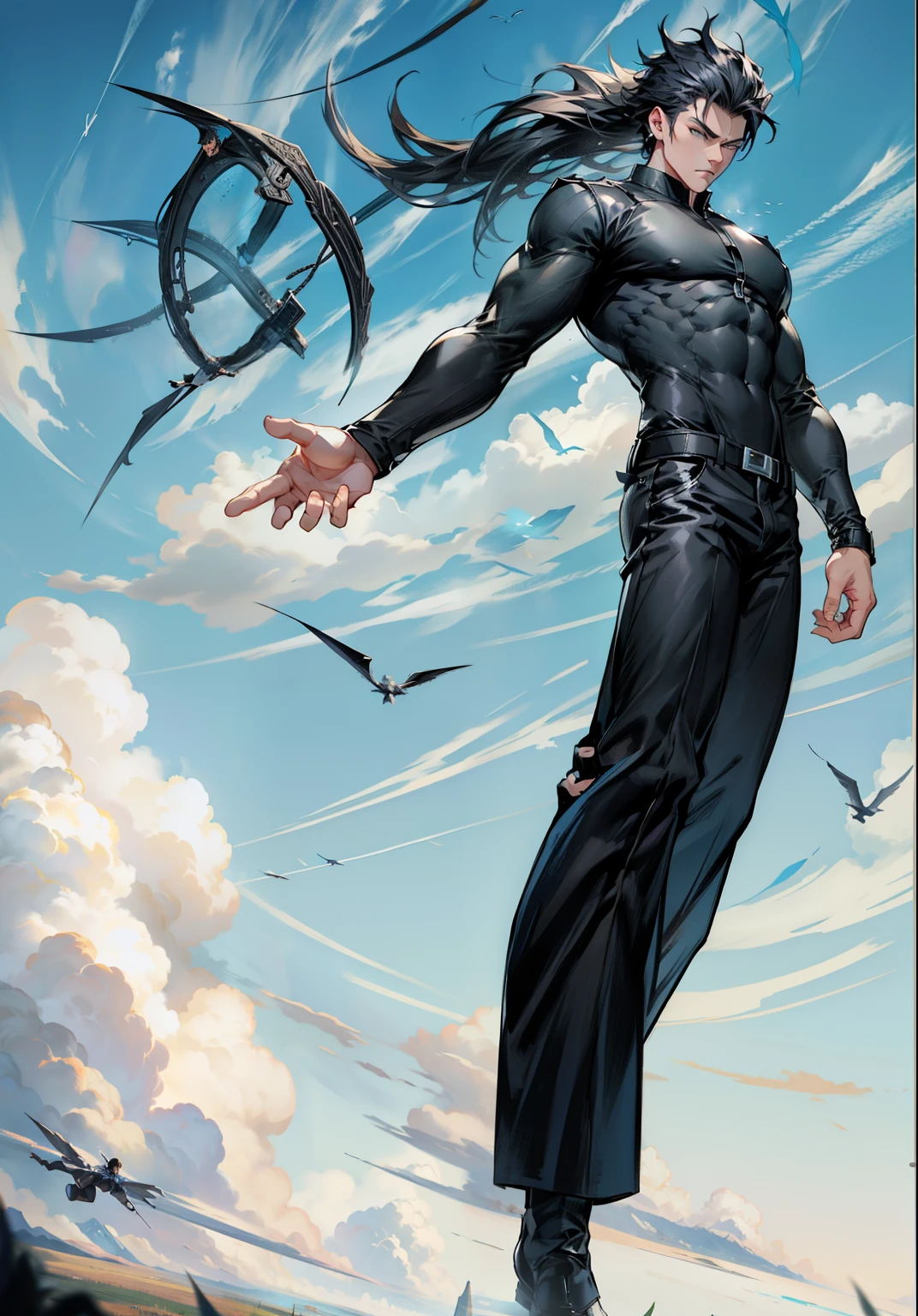 boys 26 Years old, Serious face, wearing black shirt, black pants, black hair, levitate on sky, blue sky, cloud