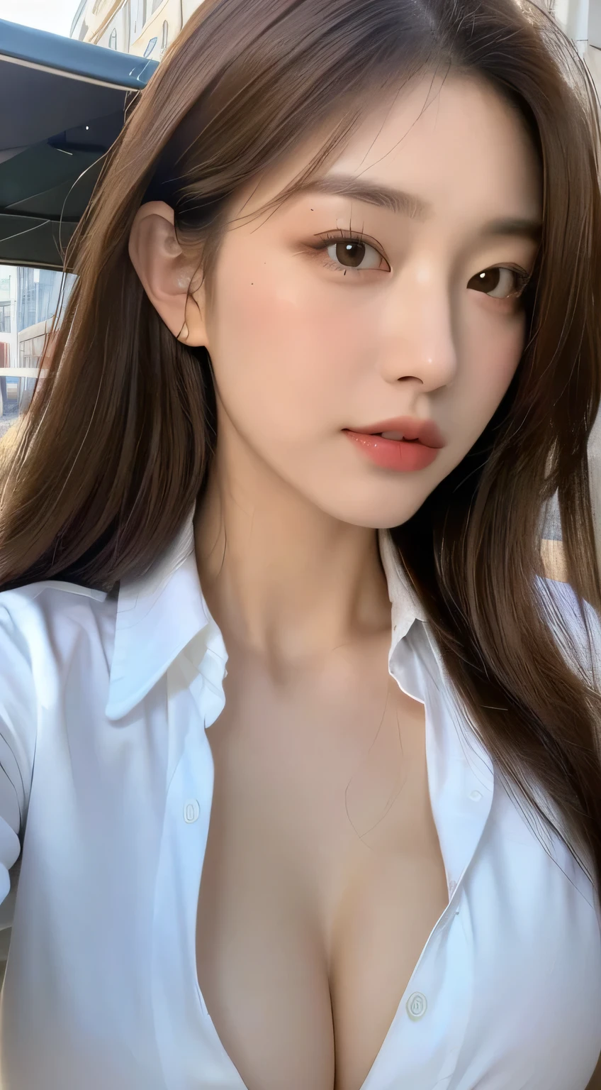 ((Best quality, 8k, Masterpiece :1.3)), Sharp focus :1.2, A pretty woman with perfect figure :1.4, Slender abs :1.2, ((Dark brown hair, Big breasts :1.2)), (White button up long shirt :1.1), City street:1.2, Highly detailed face and skin texture, Detailed eyes, Double eyelid