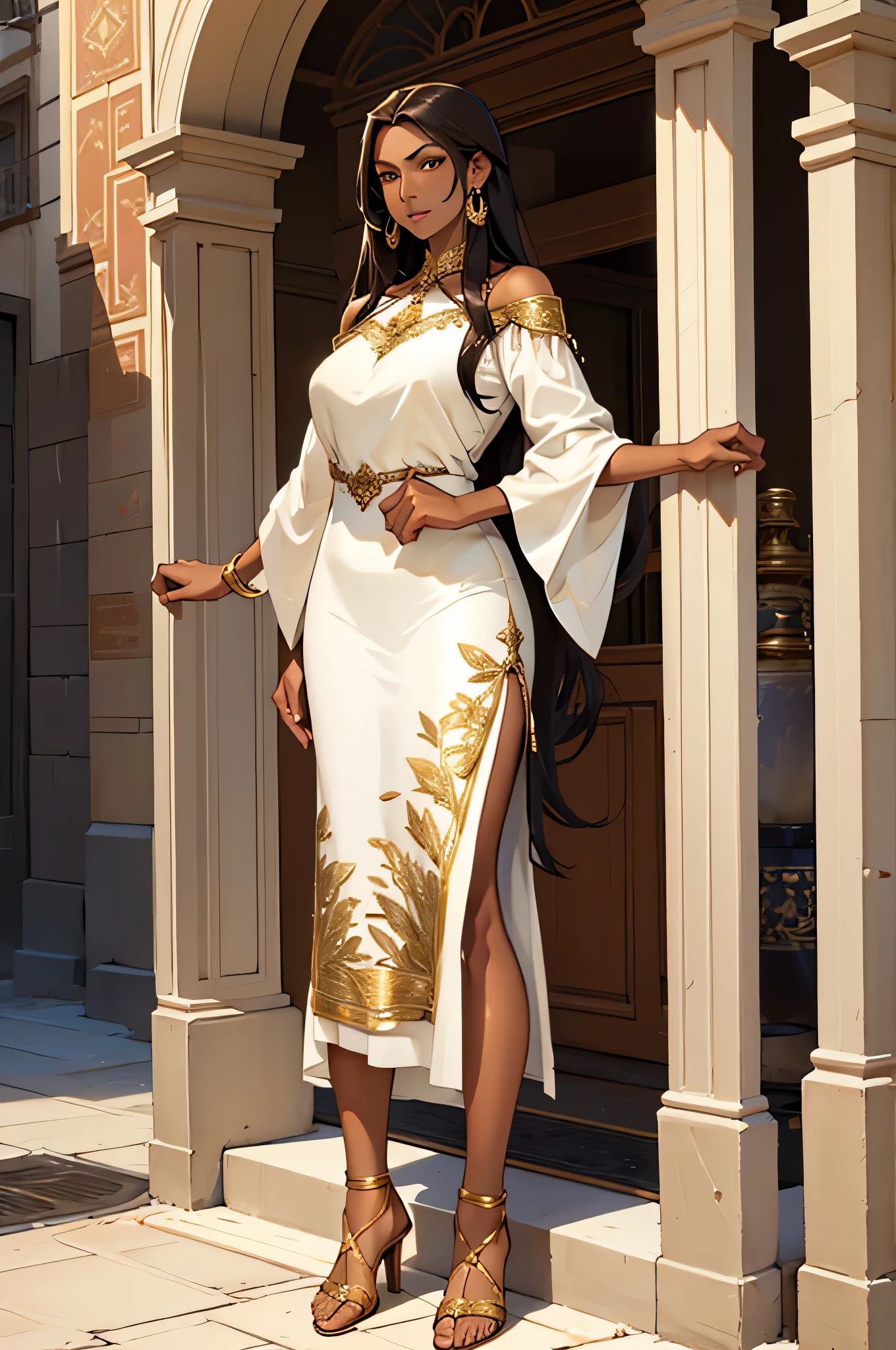 high quality, older adult woman, tall, mature, mocha caramel skin, long dark hair, bright golden eyes, glittering skin, long white dress, gold embroidery, strappy open toed shoes, standing up, looking at camera straight on, confident, mischevious