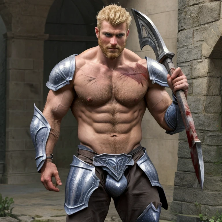 ((realistic, lifelike)), ultra detailed, raw photo, knight, a handsome man, skin, (gray), tall, muscular, armor, (topless, big hairy pecs:1.2), scars, blood, squared jaw, stubble, medium hair, blonde hair, blue eyes, full body, solo focus, weapon, (great axe, holding)