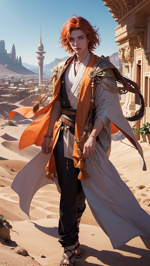 Young man, effeminate face, sorcerer, short wavy orange hair, freckles, bright violet eyes,
Japanese , oriental, desert, marble castle, detailed face, detailed eyes, detailed hair, greenery,
full body, desert greenery, desert plant, wind, magic wand, Arab city.
