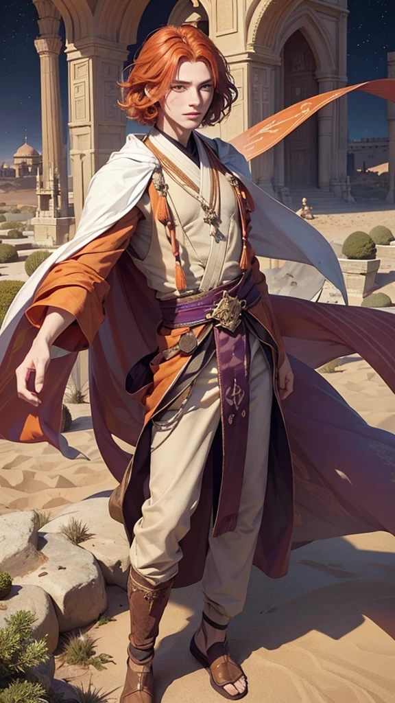 Young man, effeminate face, sorcerer, short wavy orange hair, freckles, bright violet eyes,
Japanese , oriental, desert, marble castle, detailed face, detailed eyes, detailed hair, greenery,
full body, desert greenery, desert plant, wind, magic wand, Arab city.