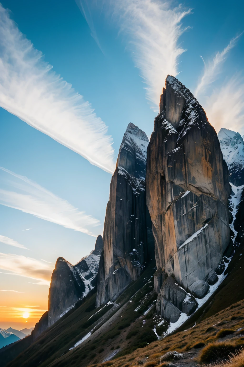 Step into the enchanting realm of Munsyari's Panchachuli Peaks, where hyper-realistic imagery transport you to a world of unparalleled natural beauty and wonder, meticulously captured in the highest resolution with the Canon R5 camera and 70-200mm lens. The intricately detailed peaks appear as if you can reach out and touch their rough, textured surfaces, as the sun sets, casting long shadows and painting the crystal clear sky with vibrant colors. The depth of field is shallow, focusing solely on the peaks, while the rest of the scene fades away, creating a sense of isolation and serenity. The post-processing brings out the natural