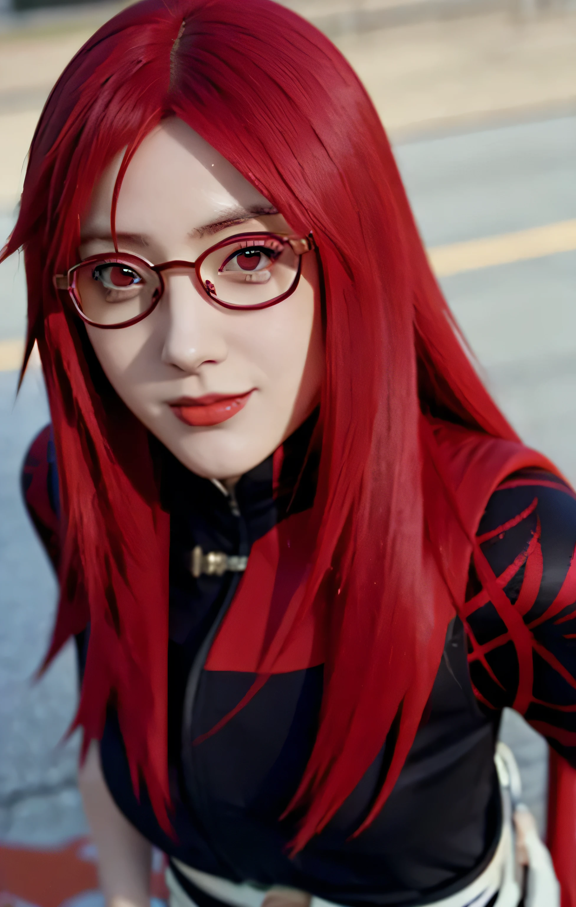 1female, uzumaki karin in anime anime shippuden, long hair, red hair, red eyes, smile, beautiful, purple clothes, realistic clothes, city background, ultra detail, realistic, wear sunglasses, red lips