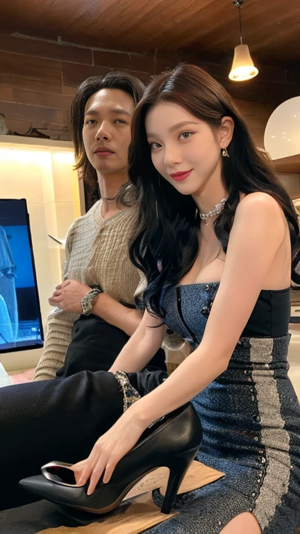 (Nsfw : 1.1), One woman surrounded by two men, delicate，masterpiece，beautiful details，very colorful，exquisite details，delicate 입술, the details are complicated，natural D cup breasts，(Low nose bridge and nostrils : 1.2), one woman，（Beautiful 20 year old cute Korean woman：1.2），（50mm sigma f /1.4 Zeiss lenses, f1.4, 1/800s, ISO 100, picture:1.1), (black short wavy hair:1.2), (realistic:1.4), (spy:1.2), Transparent pantyhose under a skirt, (wireless dress, christian dior\(trademark\),:1.4), earring,choker necklace,bracelet,(karaoke room,room karaoke:1.1),Dark interior, Psych Lighting, (beautifulleg,(high heel : 1.3),thin,slim_leg,femur_gap,Model:1.2),lens flare，seen from the front, (beautiful smile : 0.5) , entertainment bar, A dance between a man and a woman, leather sofa（to put on make up : 1.2), complete anatomy, 8 heads tall, Physical contact, (dynamic pose : 1.2), Dancing in the arms of a muscular Korean man wearing a shirt, pants, and shoes