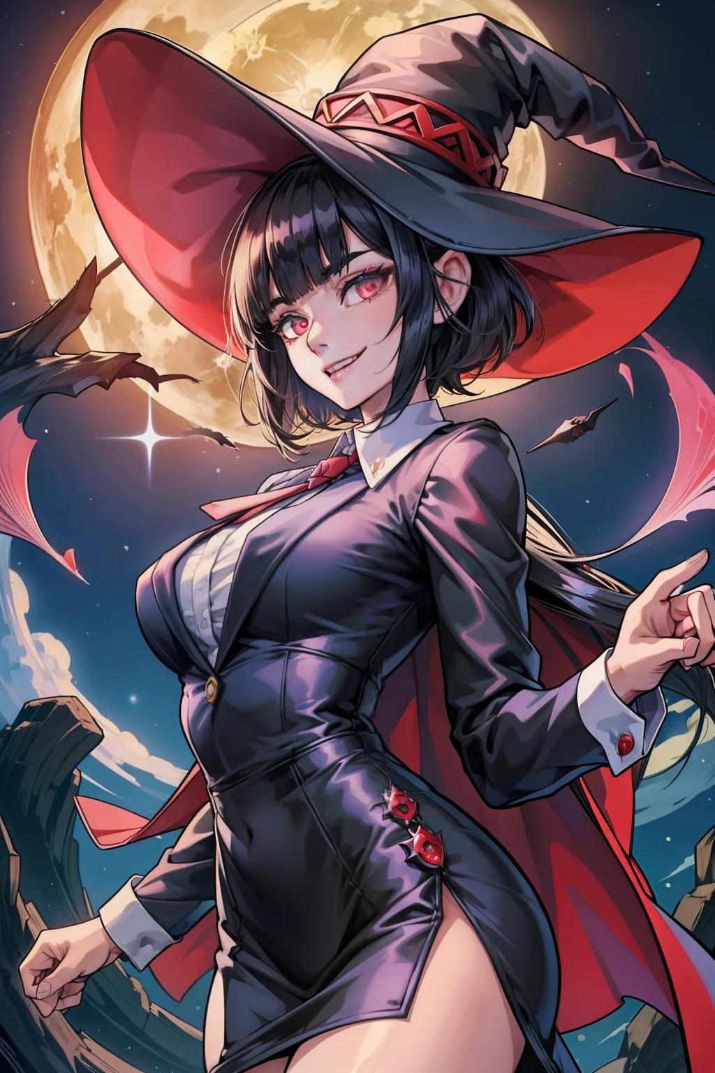 anime girl, bunny ears, short black hair, suit, red eyes, A magician who always smiles、large witch hat 、cute、long white hair、Red eyes and glazed eyes、Bangs are heavy、Thin eyebrows、lowered eyebrows、fantasy、intake、double teeth、star motif、Seiza motif、monochrome clotheetal look decoration、cape、A little dark atmosphere、a little crazy smile、Outside at night when the moon shines、blood return、black star hair ornament、short tie、No nails、high waist skirt、The sleeves are wide at the hem、long sleeve shirt、black tie