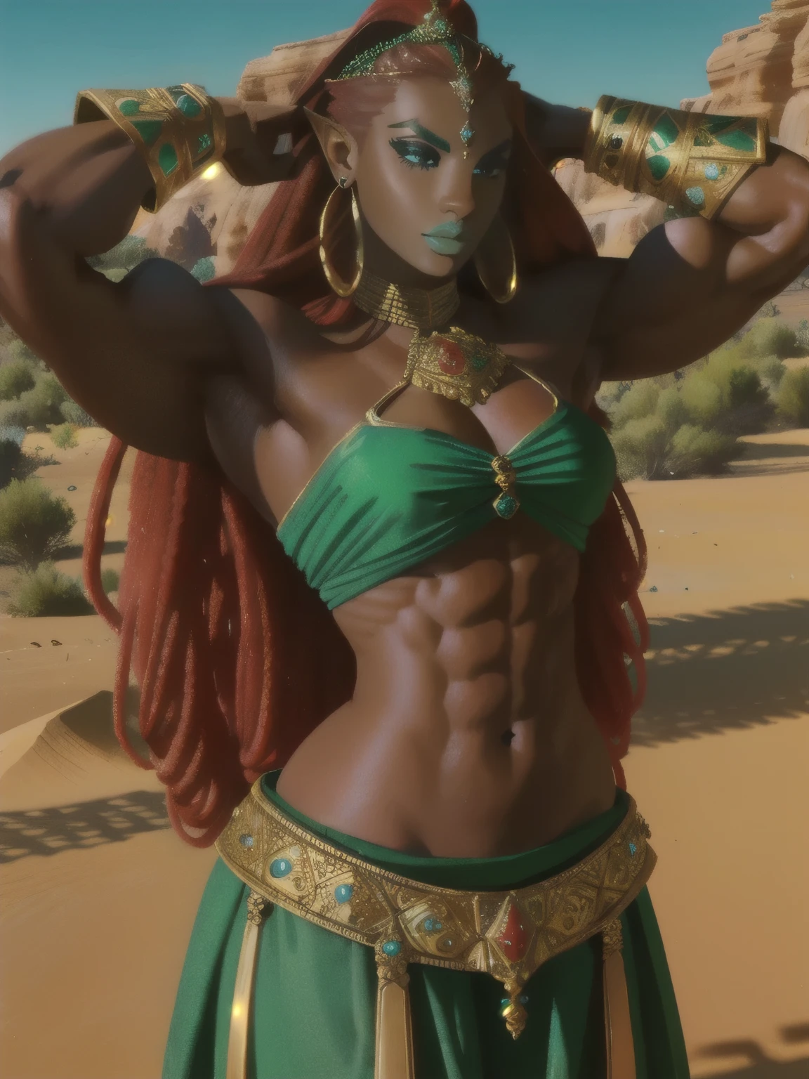 ((best quality)), ((highly detailed)), masterpiece, (detailed eyes, deep eyes), (1girl), full body, gerudo, very long hair, red hair, muscular female(dark skin), big nose, green lips, lipstick, large bust,gold jewelry, cyan clothes, outside, in a desert