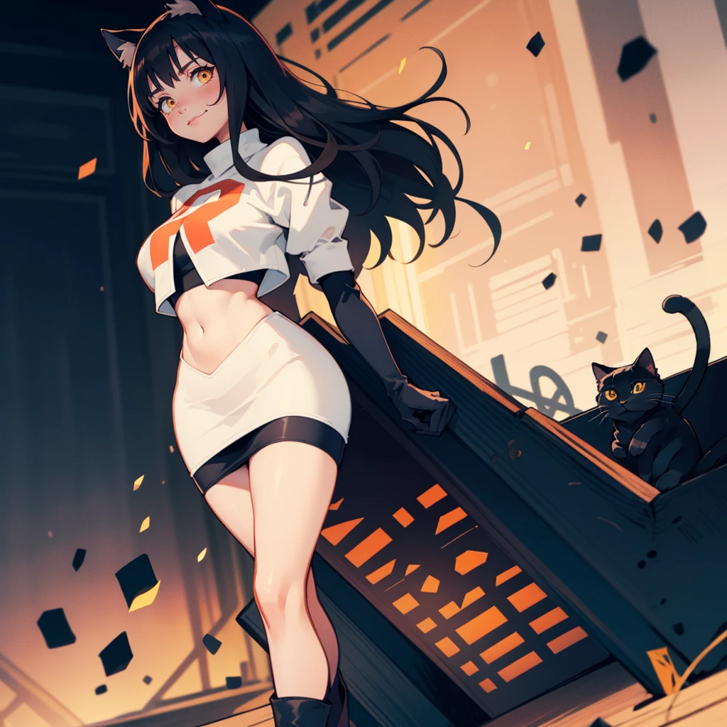 (((matura woman, orange eyes,cat ears,long black hair))) ,equipe foguete,equipe foguete uniform, letra vermelha R, saia branca,top branco,botas pretas de cano alto, luvas de cotovelo pretas , olhando para o espectador, evil smile, crossed arms