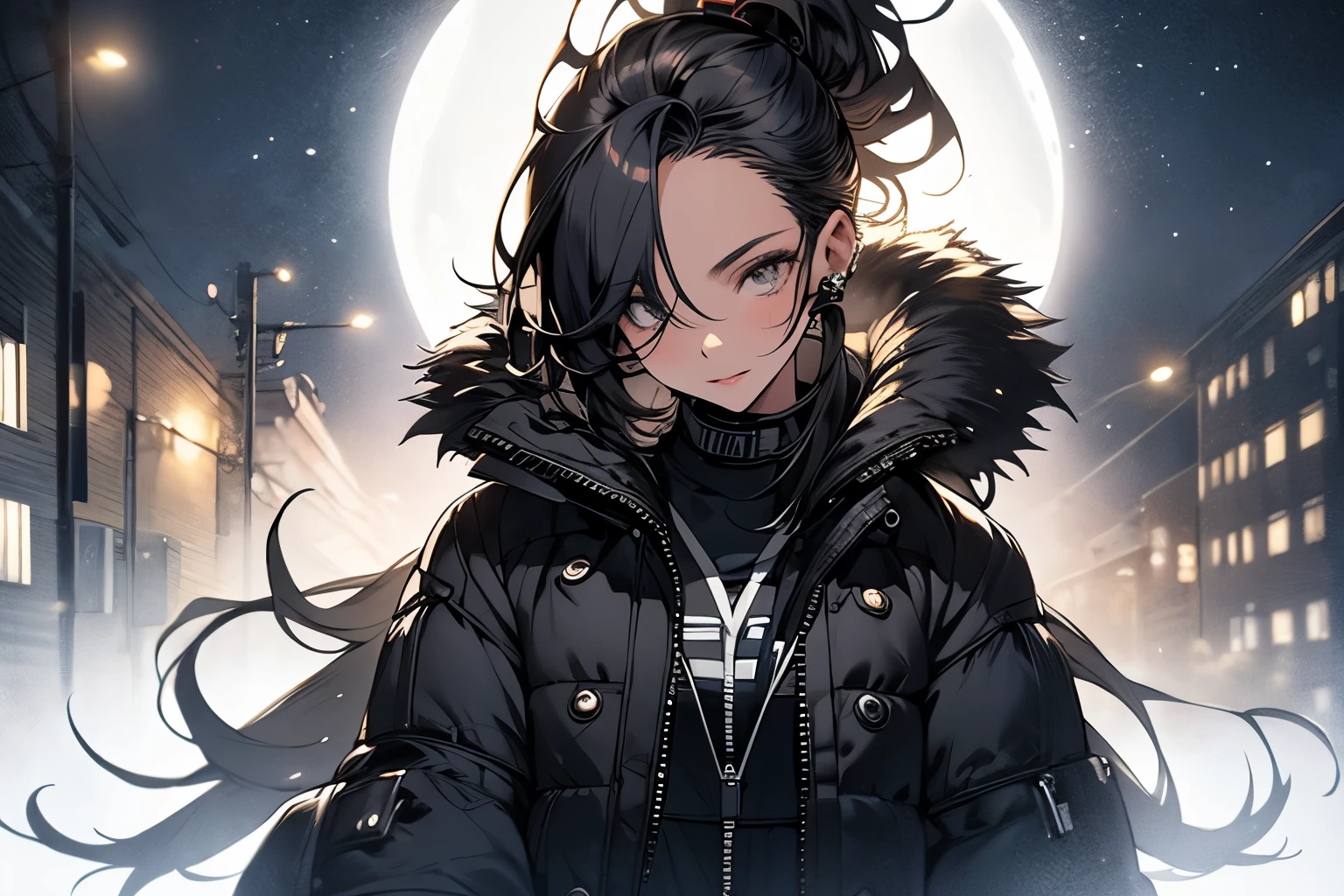 Original photo, best quality, full body photo), (Realistic, photo fidelity: 1.3), (Extremely delicate and beautiful: 1.1) 1 woman chiseled physique and wide hips, leggings, pleated skirt, sports top, high ponytail, high boots, long fur jacket, on a hazy moonlit night in a ghost town, monochrome style, line art, detailed face, detailed eye's, detailed lips, wide hips