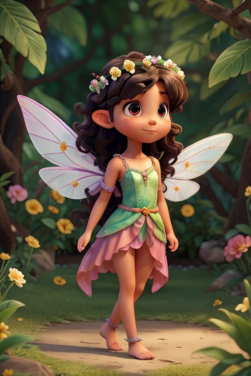 Fairy, 12 years old, opaque and vibrant colors, has large pink magical wings, small pointed elf ears, long black curly hair adorned with a flower crown giving a romantic air, long flowing dress in earthy tones covering the knee, shoulders and collarbone nudes , many flowers and leaves decorating all the dresses, giving an air of nature, ropes and flowers decorating ankles and arms, black eyes, perfect and slightly tanned skin, happy, youthful, mesmerizing beauty, air of mother nature, realistic beauty, alone in the scene, full body, walking, facing the camera, looking straight ahead, in the studio, no scenery, dull and vibrant colors, 8k