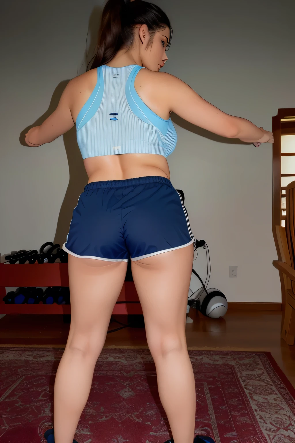 there is a woman in short dark blue shorts playing video games, sports bra and dark blue shorts, sports bra and shorts, back pose, back long shot, back view, arched back, back shot, back long shot, rear view , back photo, back photo, back view, back view, back photo, photo taken from the back, toned back, working out, back pose, action pose, toned back, making a cheeky pose, extremely hot and sexy. back photo, toned back, back photo, from behind. Beautiful woman, perfect body, 38 years old, beautiful woman, dark brown eyes, ((beautiful slim woman, 38 years old, hair color [black hair], slim waist, charming, fair skin, (sexy), (detailed face) , detailed eyes, (hot), beautiful body and soft sexy woman, crop top, thong, shorts, ((full body))