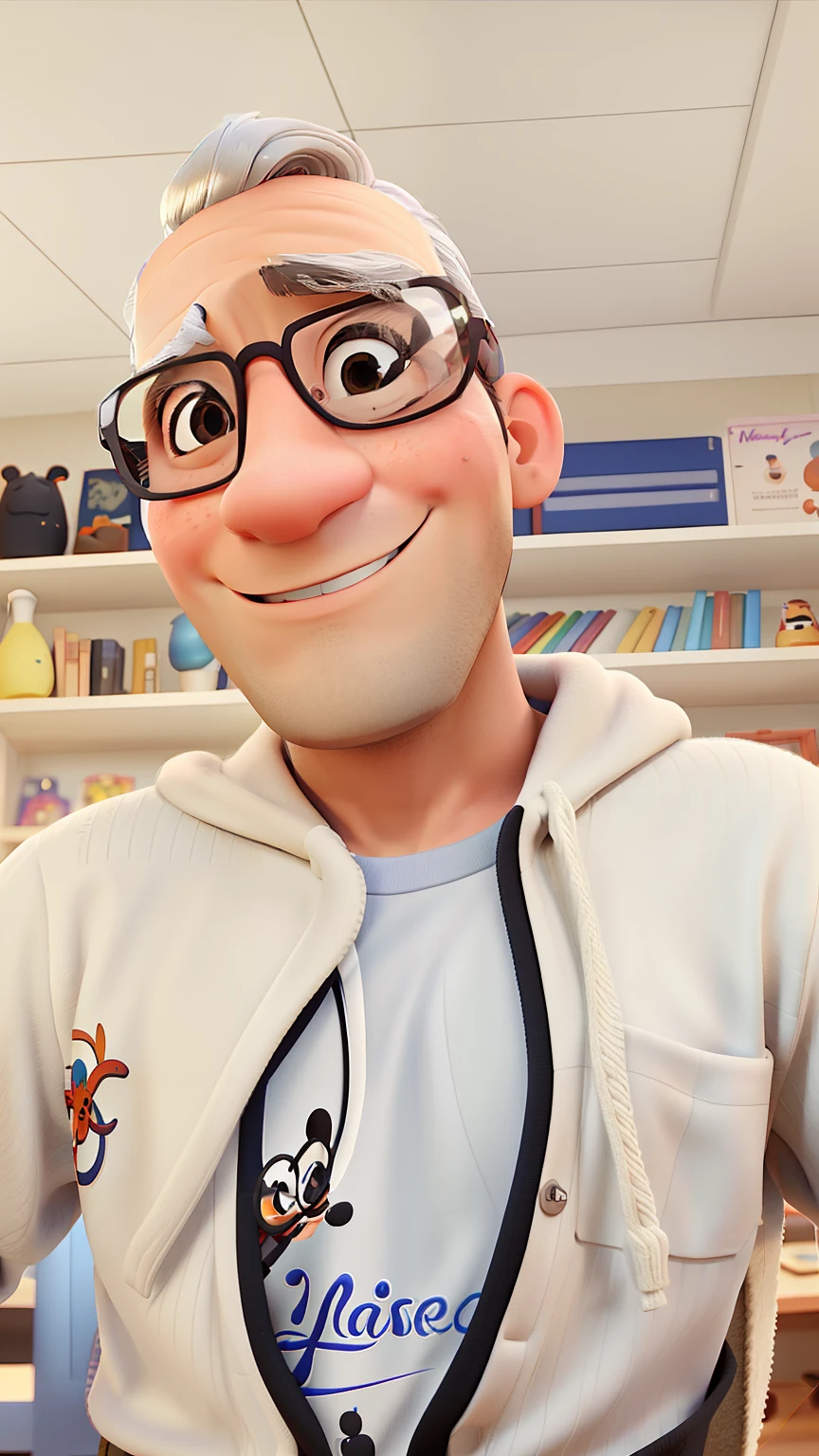 Create a Disney Pixar style post with a man in warm clothing and glasses, cabelo preto raspado baixo