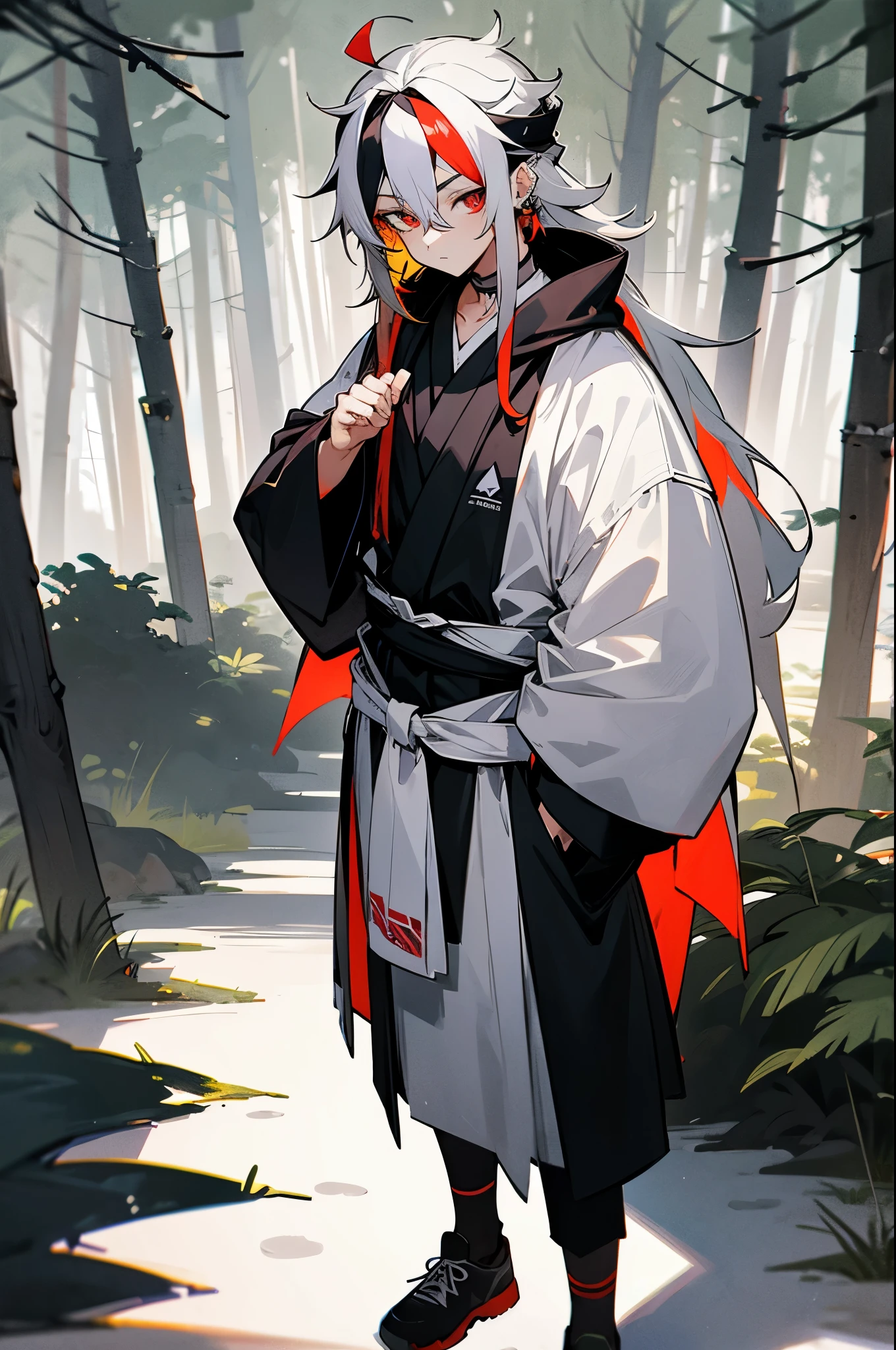 1male, multicolored hair, two-toned hair, black and white hair, headband, red eyes, earring, black yukata, tied to waist, standing on path, forest, serious