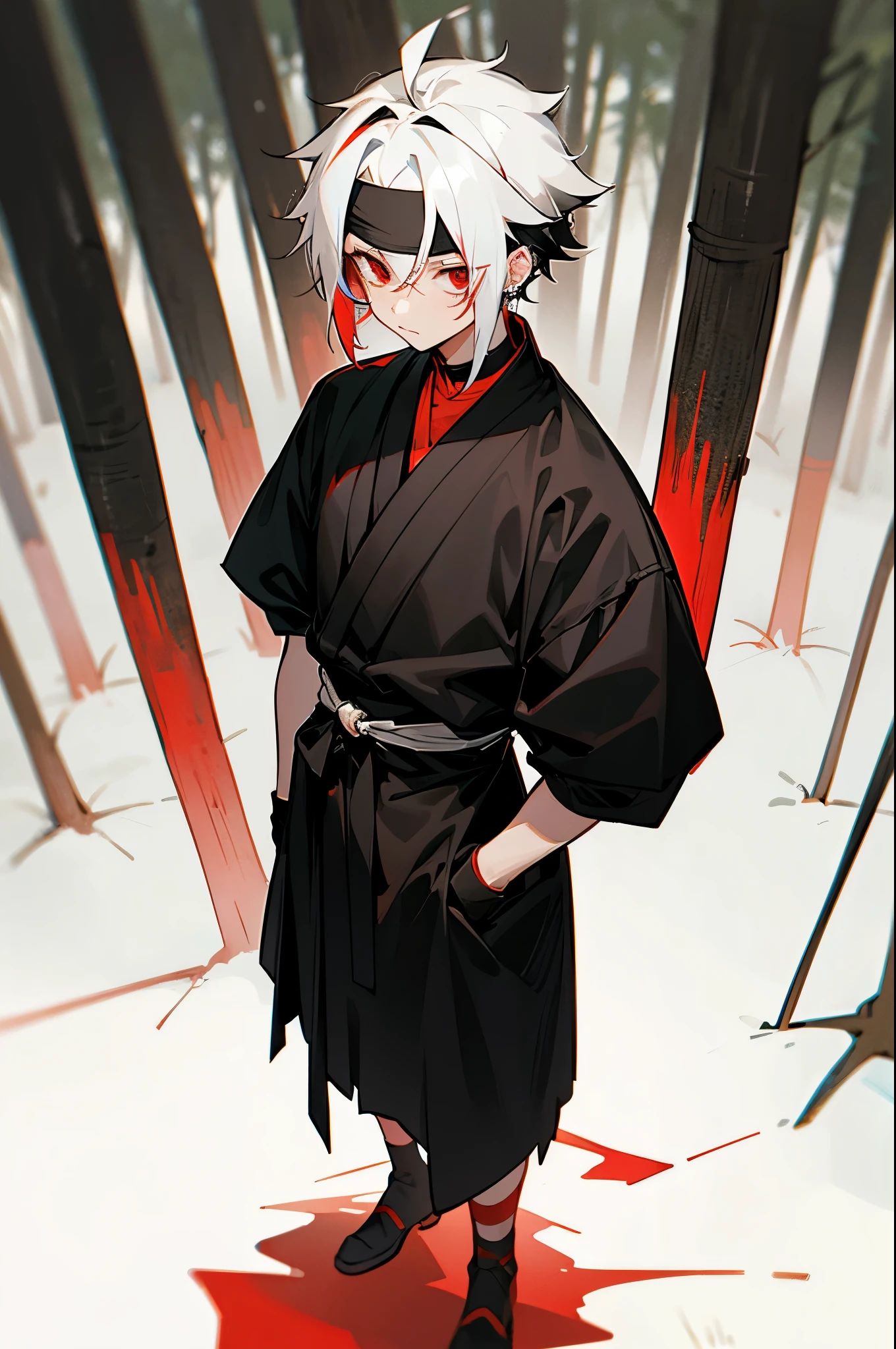 1male, multicolored hair, two-toned hair, black and white hair, headband, red eyes, earring, black yukata, tied to waist, standing on path, forest, serious, short hair
