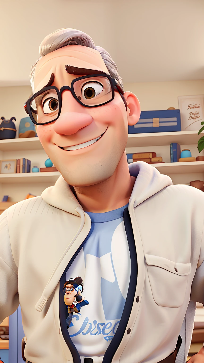 Create a Disney Pixar style post with a man in warm clothing and glasses, cabelo preto