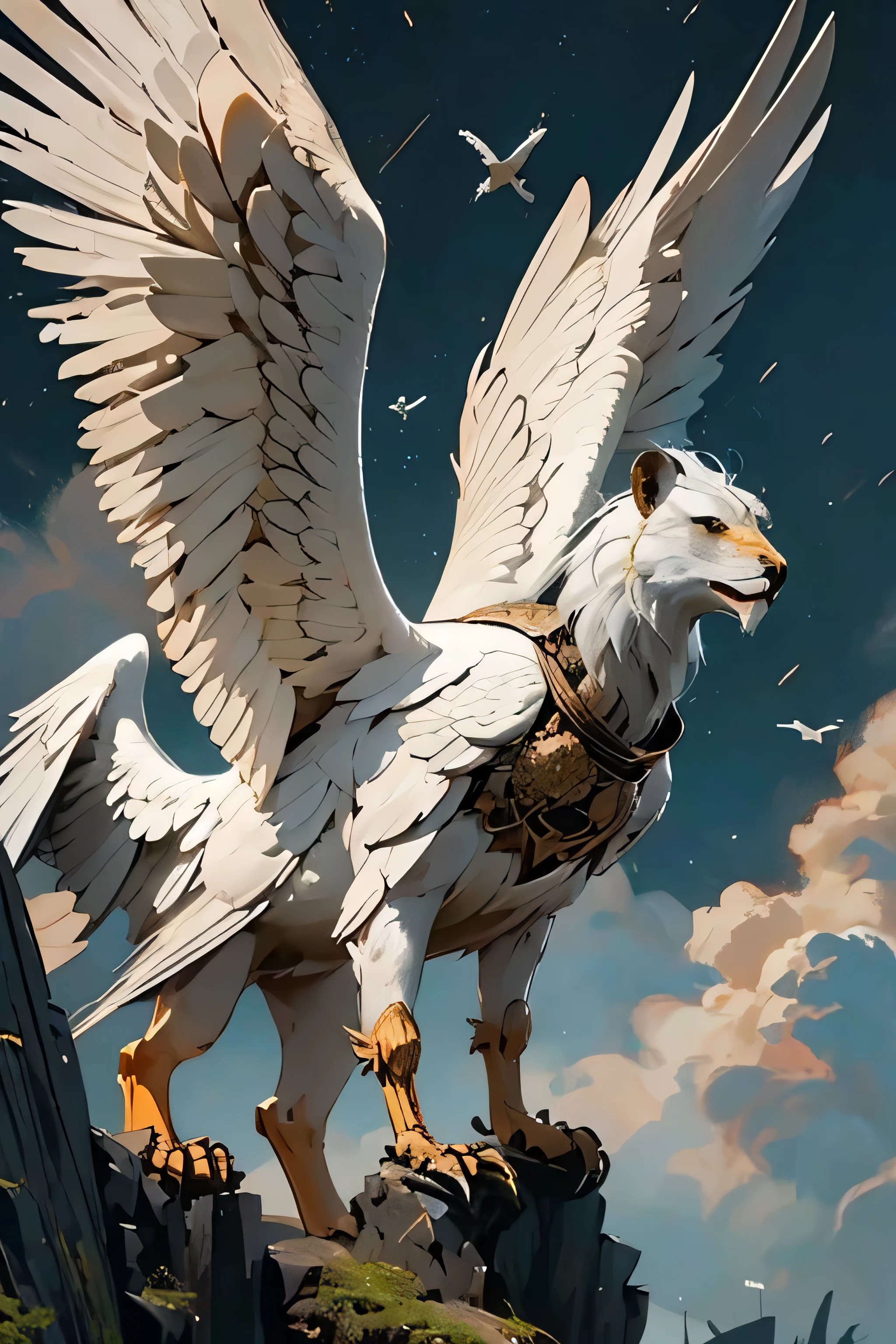 Um altamente detalhado, full body representation of a white griffin, featuring a lion body mix, eagle head and wings in a dramatic forest setting under a warm night sky, suave, vibrante, pintura digital, fosco, sharp focus, por artgerm, Greg Rutkowski e Zdislav Beksinski, with a touch of magical realism, detalhes requintados, incluindo penas, pelagem, e garras, where the griffin is ready to leap into flight, trends on Artstation, salvando a imagem em qualidade 4K UHD armaduras dourada