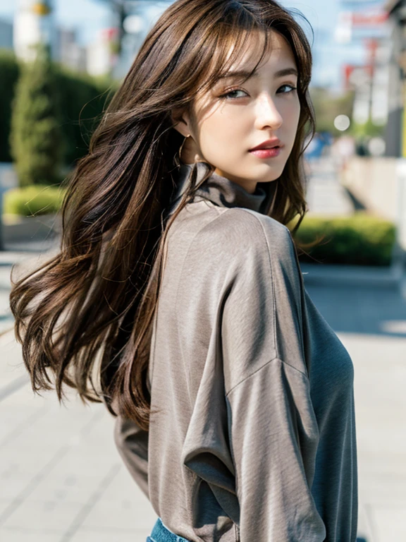 (A hyper-realistic), , (hight resolution), (8K), (ighly detailed), (The best illustrations), (beatiful detailed eyes), (top-quality), (ultra-detailliert), (​masterpiece), (mortar wallpaper), (Detailed face), a park,Armpit, Thick,,,solo,Girl wearing dark yellow long-sleeved turtleneck knit and striped shirt, full of sweat, japanes, ,Concrete background、Tile background、Upper body、Very long hair、Curly hair,from behind、Realistic eyes、Tile background