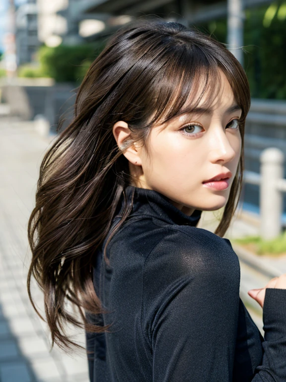 (A hyper-realistic), , (hight resolution), (8K), (ighly detailed), (The best illustrations), (beatiful detailed eyes), (top-quality), (ultra-detailliert), (​masterpiece), (mortar wallpaper), (Detailed face), a park,Armpit, Thick,,,solo,Girl wearing dark yellow long-sleeved turtleneck knit and striped shirt, full of sweat, japanes, ,Concrete background、Tile background、Upper body、Very long hair、Curly hair,from behind、Realistic eyes、Tile background