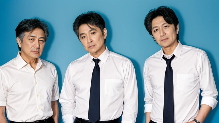 Three Men,japanese men,Yellow Magic Orchestra, synthpop, techno,Wearing a white dress shirts, Wearing a tie