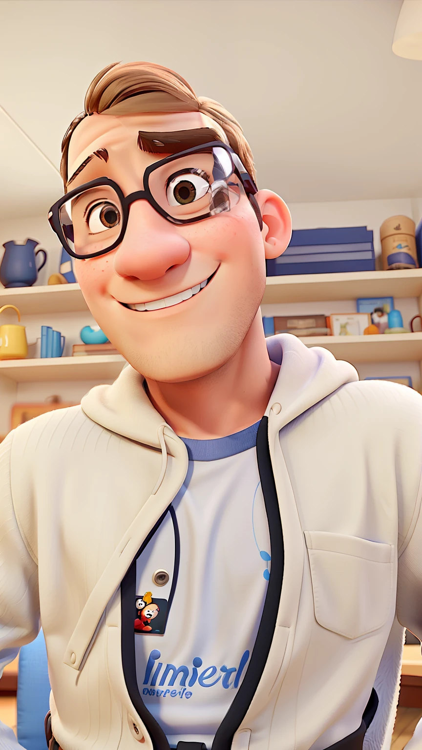 Create a Disney Pixar style post with a young man in warm clothing and glasses, cabelo na zero