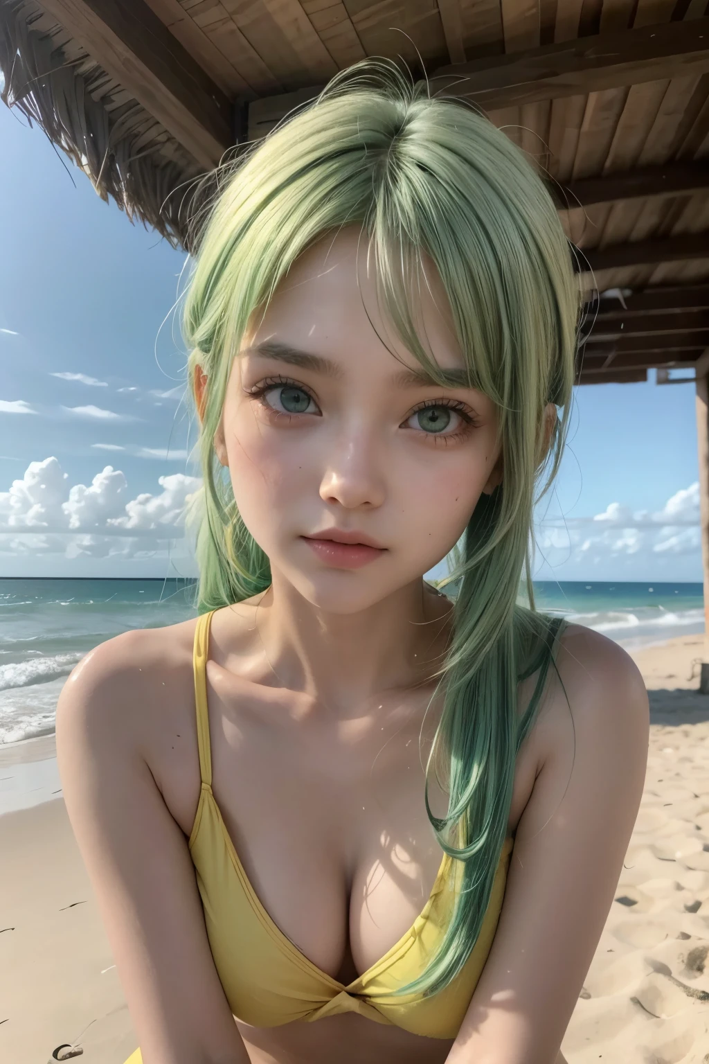 Hot girl, light green hair, yellow eyes, in the beach