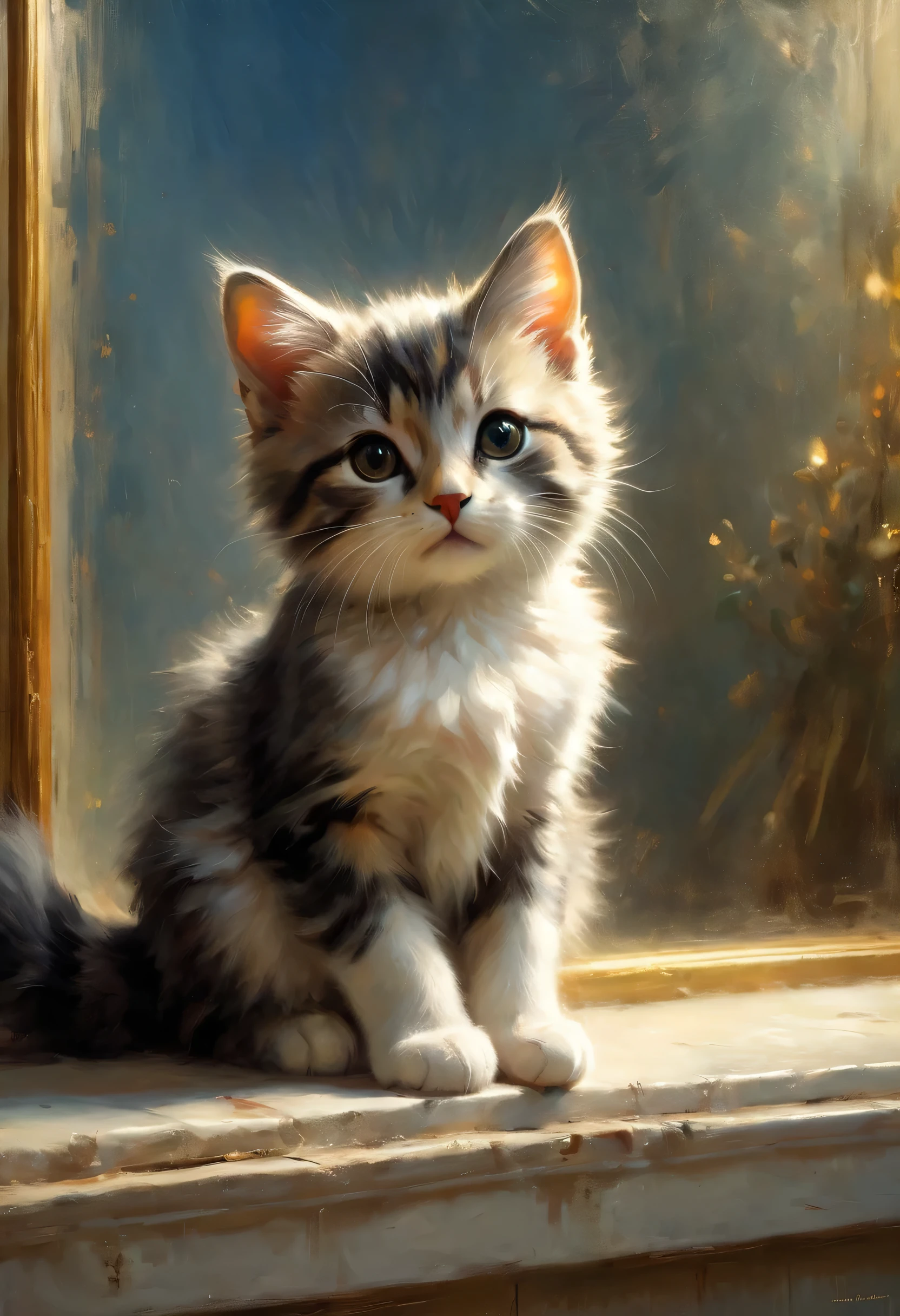 A cute cat greets the viewer, Pierre=Art by Auguste Renoir and Jeremy Mann, (Viewpoint angle:1.2), Realistic, Ray Tracing, Beautiful lighting,masterpiece