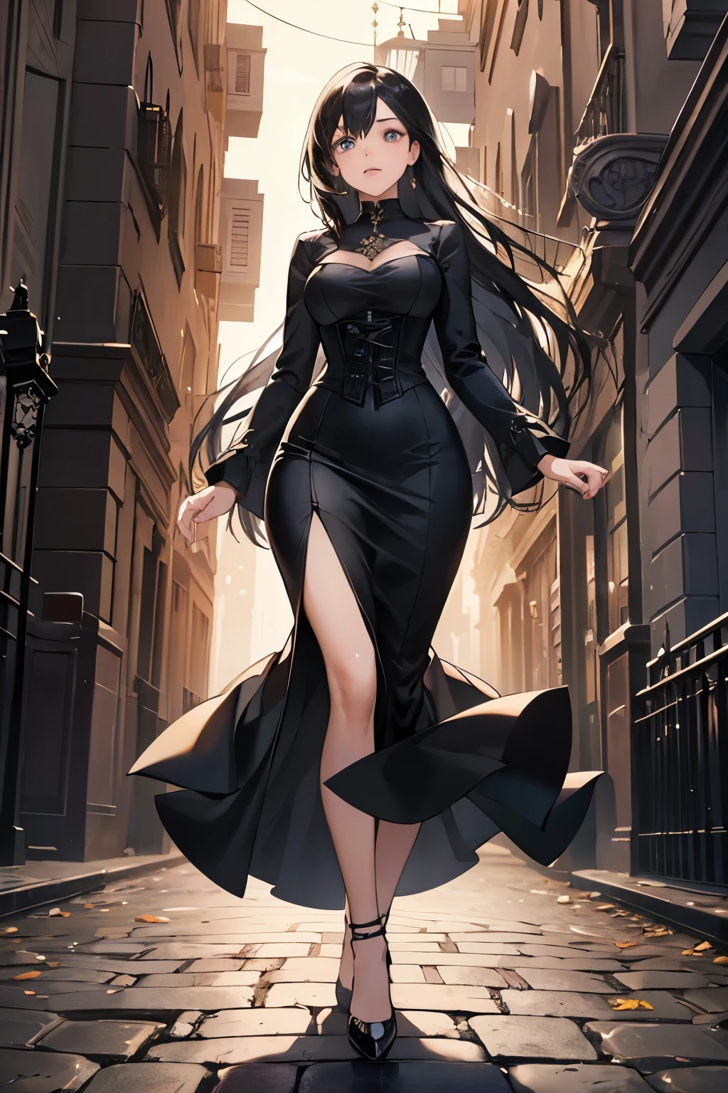 A woman in a sleek, black dress walks confidently down the deserted street, her shoes clicking against the pavement. The night puts an ethereal glow on her figure, making every line and curve of her body stand out in sharp relief. Her dress clings to her body, revealing the intricate details of its design, from the shimmering fabric to the tight corset that accentuates her hourglass figure. The hem of her dress trails behind her, whispering against the cobblestones.
Anime style adds a unique charm to the scene as an alluring, beautiful anime woman dons a black dress. Her eyes sparkle with life and curiosity, framed by long, dark las