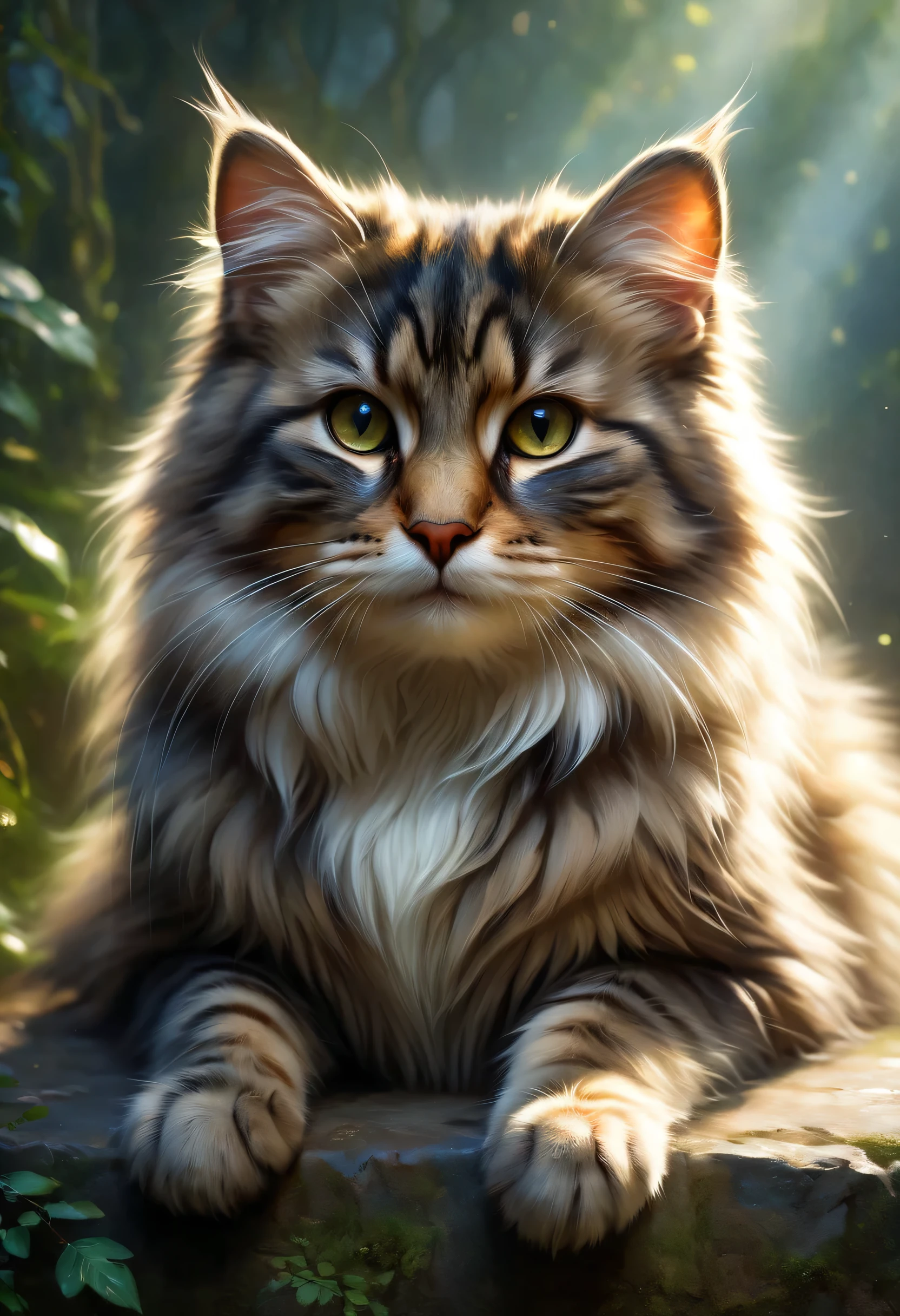 A cute Siberian Forest Cat greets the viewer, Pierre＝Art by Auguste Renoir and Jeremy Mann, (Viewpoint angle:1.2), Realistic, Ray Tracing, Beautiful lighting,masterpiece