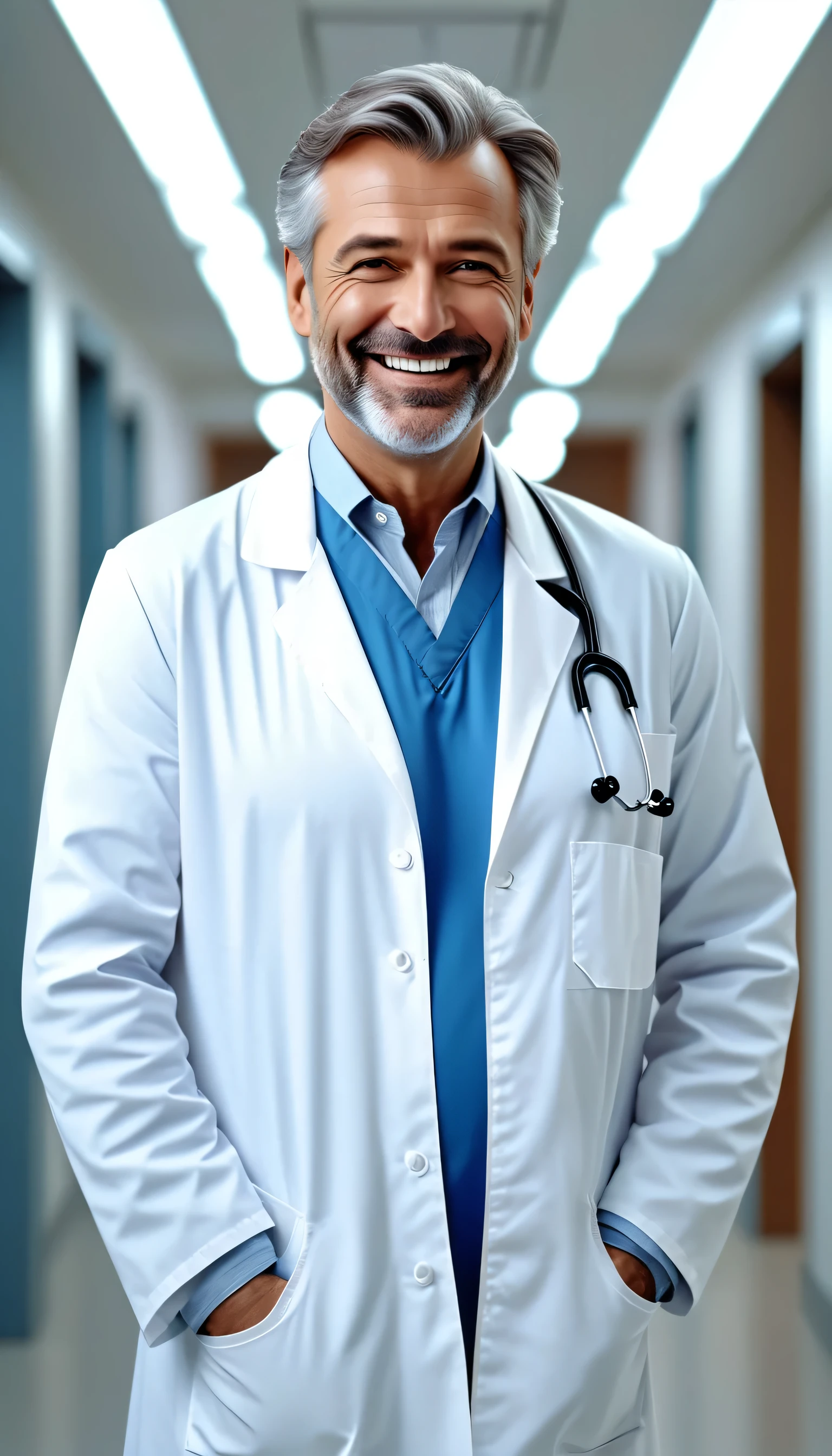 Top Quality, Masterpiece, close shot of middle aged sad doctor standing and smiling in hospital corridor, smile expressions(Photorealistic Photos:1.3), (High Detail Skin:1.2), 8K UHD, DSLR, High Quality, High Definition, 4K, 8K, (Real: 1.3)