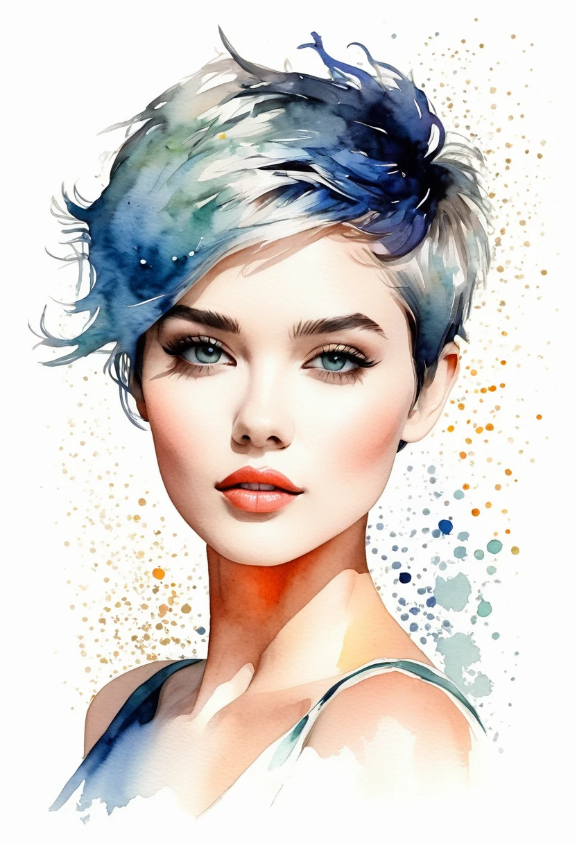 chica de pelo corto pixie arte moderno, minimalismo, contemporary elegance, dreamcore, moda elegante , fusion of watercolor and digital illustration, colores limpios, minimalistas y vibrantes