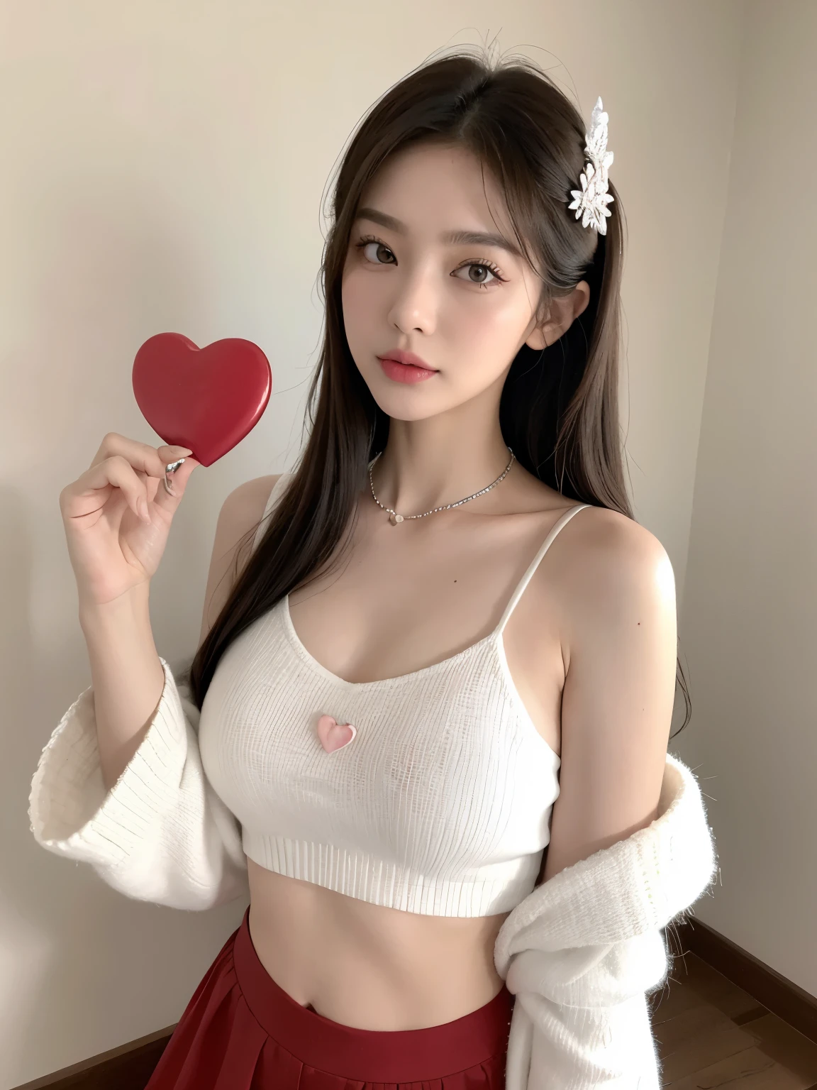 Kim Jennie with white brown hair, con rulos en las puntas, with two bows on each side of the hair, all her hair white brown, with a star clip in her white brown hair, ojos de color claro, ojos bonitos, ojos llorosos, nariz bonita y respingada, nariz lloroso, labios bonitos, labios rosas, heart and cupid shaped lip, piel bonita, pale, piel blanca, con lunares y pecas en todo el rostro, rubor rosa suave en las mejilla, rubor rosa natural, maquillaje suave y rosa, jennie, cuello bonito, cuello marcado, frown, mirada tierna, con un collar de beso, un collar bonito de beso, parecido a Yumeko Jabami, mientras lleva puesto un Crochet YK2, de lana, with a YK2 style brown mini skirt, mientras lleva una casaca con estampados de ositos, mientras tiene el abdomen desnudo, delgado, marcado y bonito, (pechos grandes, pechos suaves, pechos bonitos), mientras esta haciendo cospaly del personaje Yumeko Jabami, del anime Kakegurui, mirando a la camara, autofoto, selfie bonita