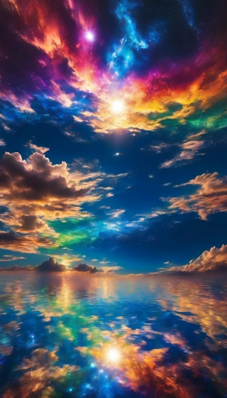 The sky is reflected in the mirrored sea,A 美しい sky spreads out,dream-like,Wonderful views await you,,The Highest Time for You,Highest quality,photograph,structurally correct,perfect composition,Photograph taken for advertising purposes,beautiful light and shadow,Photographed by a professional photographer,Selected as the highest view,rich colors,Cast colorful spells,get used to it,wonderful,wonderful,light effect,Sparkling,night,Night Sky,star,Highest,Complex and detailed,Gradation