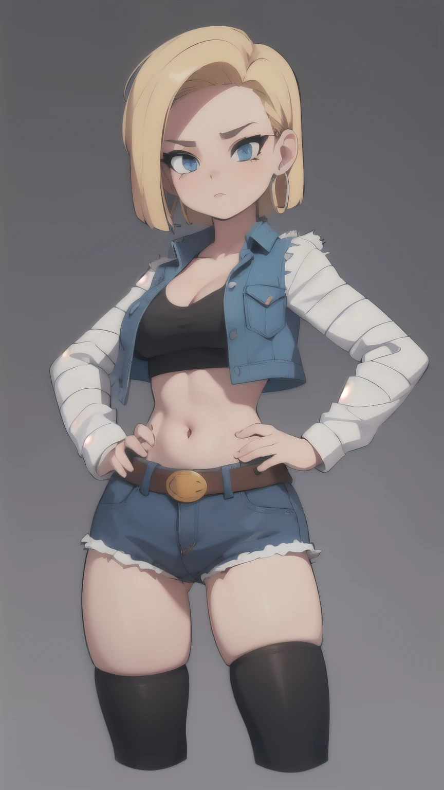(masterpiece, best quality), android 18, slender, Standing like a model, blonde hair, blue eyes, eyelashes, hoop earrings, (white headphones must be worn), short hair, earrings belt, plain black thigh-high socks, Navel and thighs are exposed, black cropped shirt, breast pocket, cleavage, collarbone, denim vest, denim high-waist skirt, jewelry, striped long sleeves, 4K