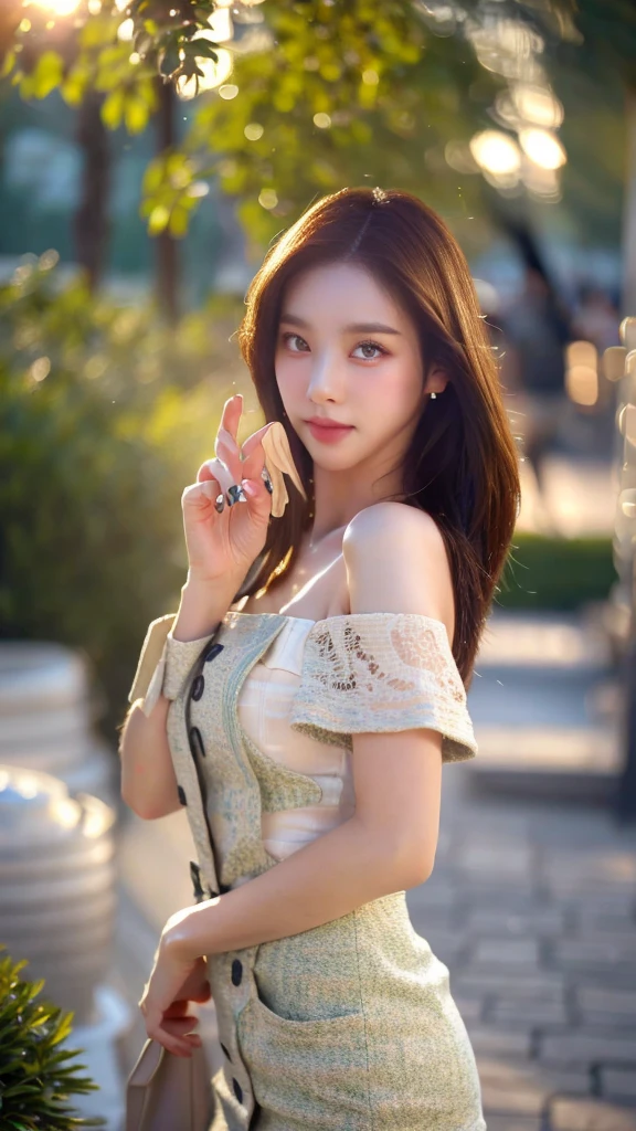 best quality, masterpiece, 1 woman, beautiful face, (photo realistic:1.3), rim lights, (highly detailed skin:1.2), 8K uhd, DSLR, high quality, high resolution, 4K, 8K, bokeh, absurd, Best Proportion Four Fingers and One Thumb, (realistic:1.3), cute 1 woman, wearing a wireless mini dress, medium chest, short skirt, pretty legs