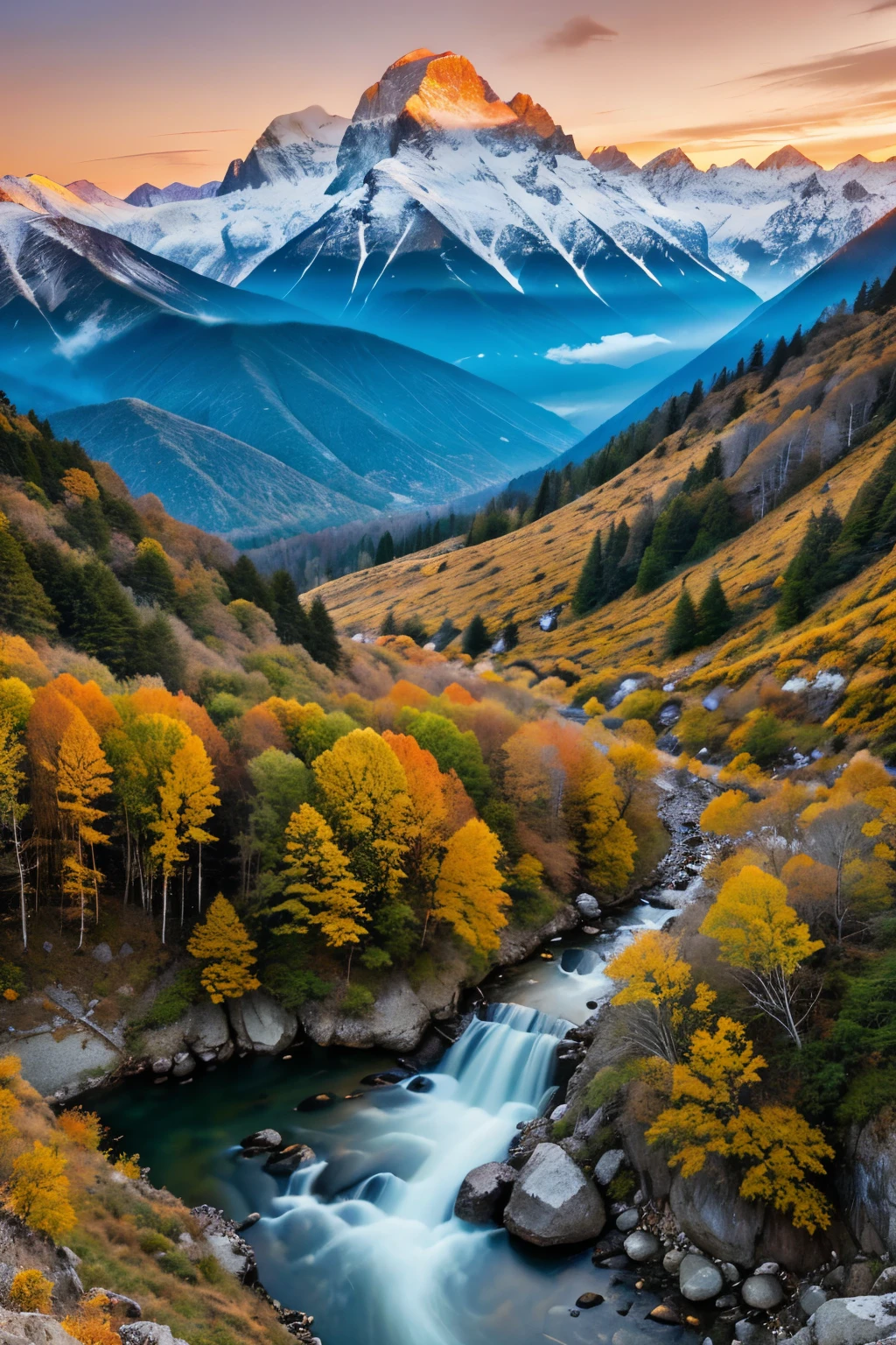 Behold the mesmerizing allure of Munsyari's Panchachuli Peaks unfold before your eyes in exquisitely hyper-realistic detail, each frame a masterpiece of visual captivation, intricately crafted with the Canon R5 camera and 70-200mm lens. The peaks, bathed in the golden hues of sunrise, emerge in stunning detail, every crevice and texture distinctly rendered. The crisp air of the mountain landscape is palpable, with the fine details of foliage and snow-capped peaks appearing with unparalleled sharpness. The contrast between the vibrant colors of the sunrise and the subdu