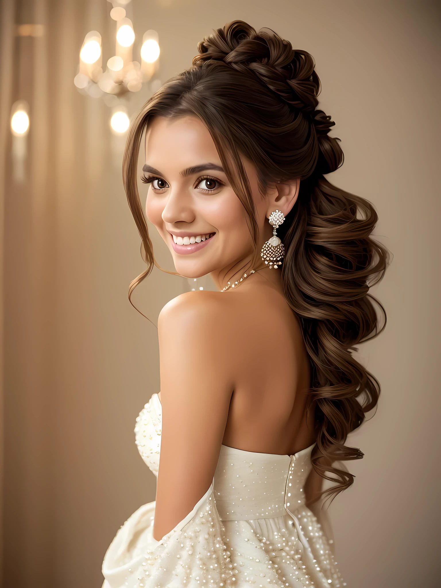 1girl with long brown hair styled in an updo with some strands left loose. She has a warm, friendly smile and is wearing a white, off-the-shoulder dress with pearl accents. Her earrings appear to be dangling pearls or crystals. The background is blurred with soft, warm lighting creating a dreamy, romantic ambiance.