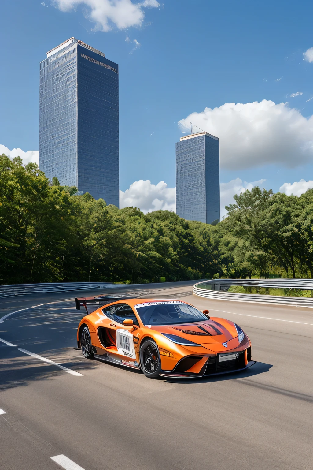 Super bright and modern metallic-vermillion racing car is running on the expressway,
City of high transportation technology complex, high building, and towers,
Good green environmental atmosphere, 
Morning sunlight with blue sky and white cloud.