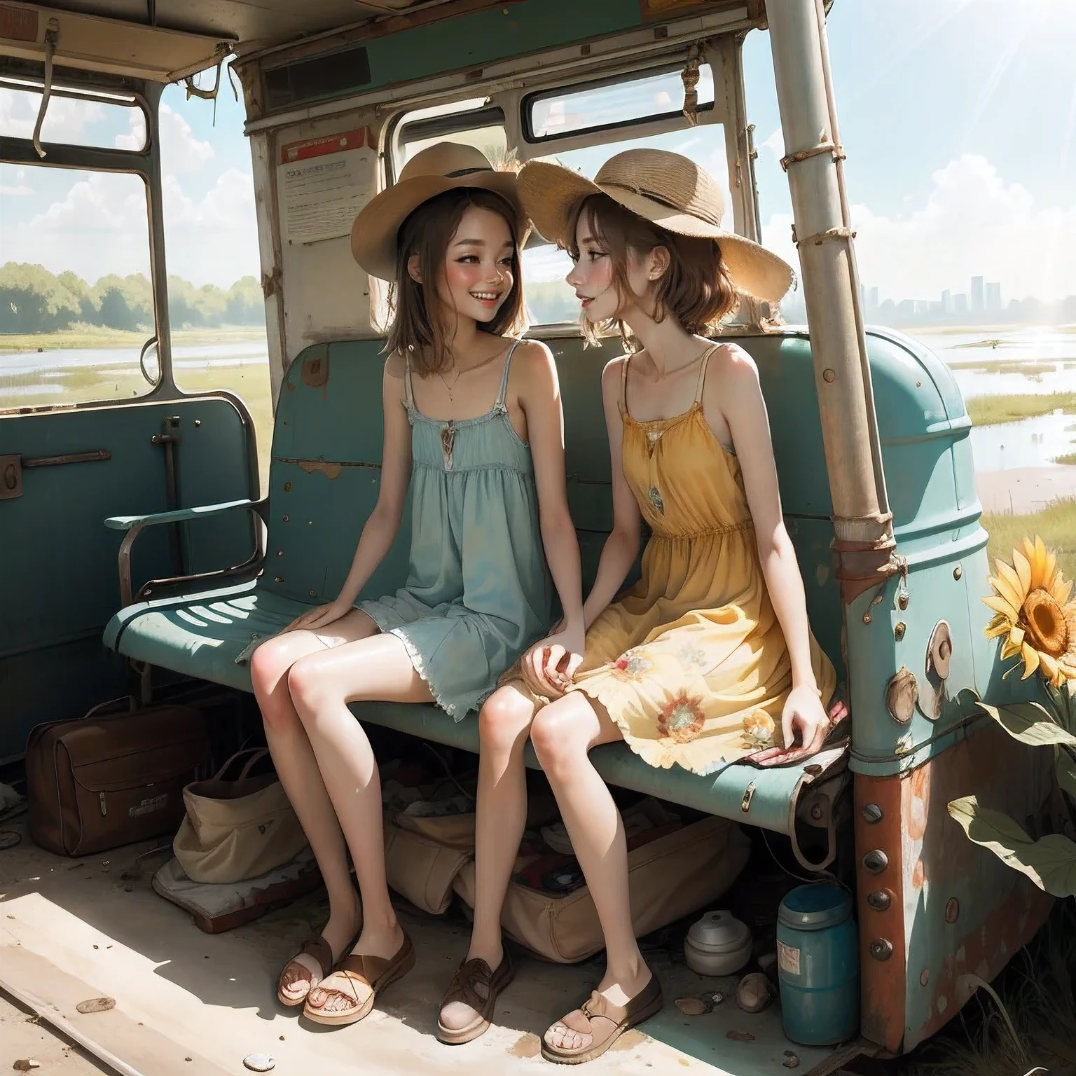 masterpiece, best quality, 2girls, (closeup), 18yo , slim, small breast, short light sundress, summer hat, sitting, in abandoned bus, hugging, lode, smile, flood, wasteland, colorfull, desolate, sunny, (sun rays:1.3), watercolor,