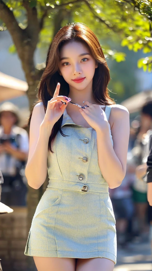 best quality, masterpiece, 1 woman, beautiful face, (photo realistic:1.3), rim lights, (highly detailed skin:1.2), 8K uhd, DSLR, high quality, high resolution, 4K, 8K, bokeh,  absurd, Best Proportion Four Fingers and One Thumb, (realistic:1.3), cute 1 woman, wearing a wireless mini dress, medium chest, short skirt, pretty legs
