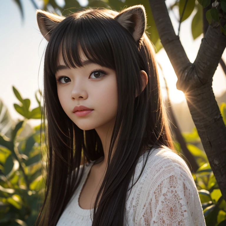 Very beautiful young girl, round raccoon ears, brightly lit by the sun's rays, realistically, professional photo