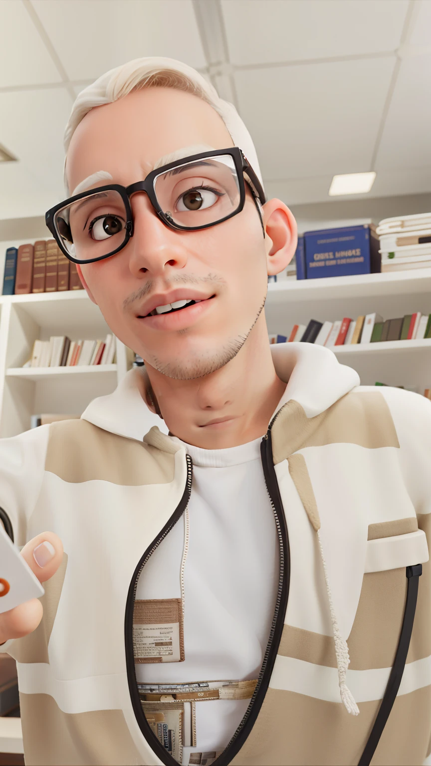 Jovem garoto na biblioteca, cabelo baixo enrolado , in the library wearing smart glasses with warm clothes