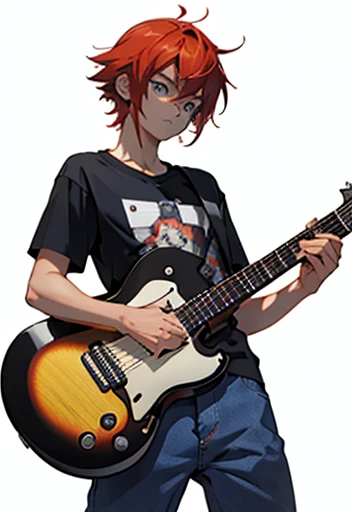 An electric guitar with ax, vermelha ,manga Style , With sticker , human Male Adolescent  , blue pupils ,Pants  , t-shirt 