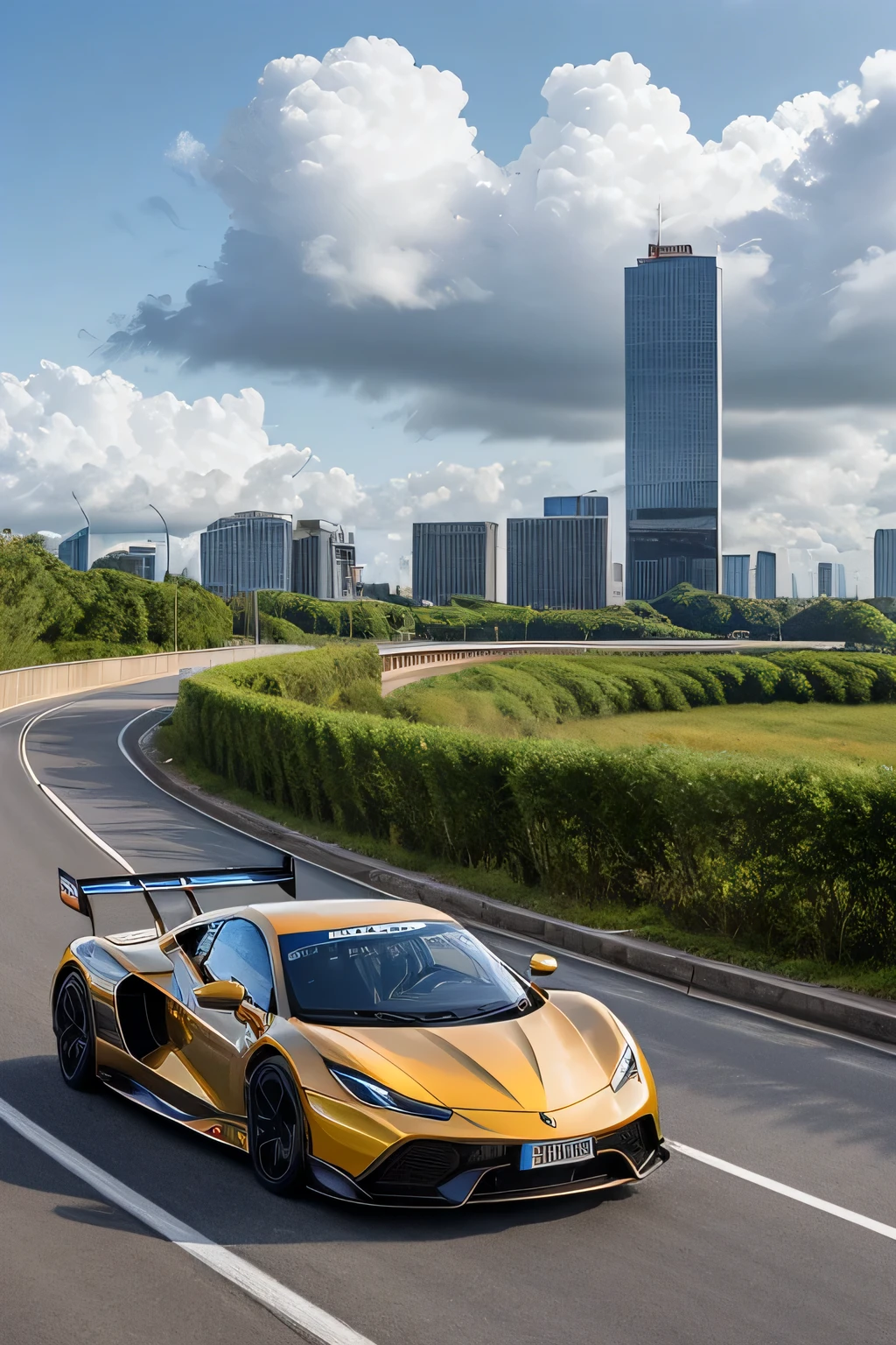 Super bright and modern metallic-vermillion racing car is running on the expressway,
City of high transportation technology complex, high building, and towers,
Good green environmental atmosphere, 
Morning sunlight with blue sky and white cloud.
